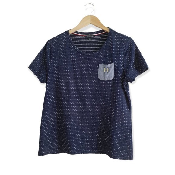 Tommy Hilfiger Contrast Denim Pocket Metal H Logo Scoop Neck Tiny Dots Top L - Picture 2 of 6